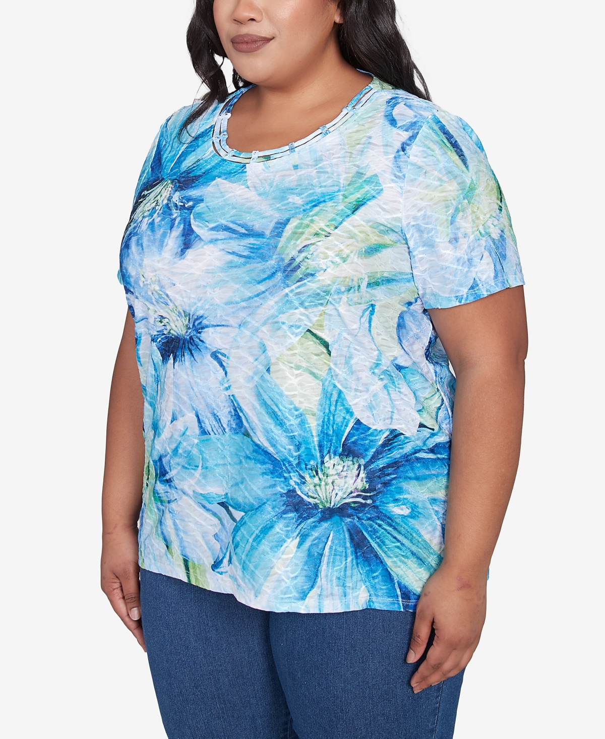 Alfred Dunner Petite Summer Breeze Floral Watercolor Top In Blue