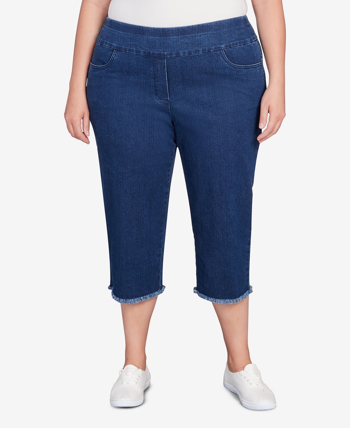 ALFRED DUNNER PLUS SIZE CLASSIC BLACK DENIM FRINGE CAPRI PANTS 