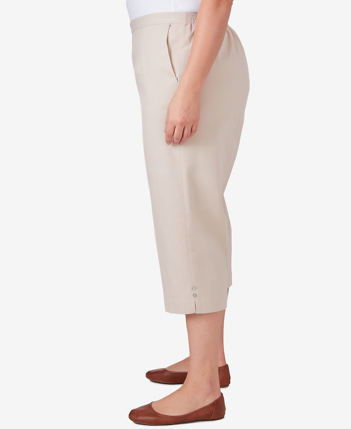 Alfred Dunner Plus Size Classic Neutrals Pull On Button Hem Twill Capri Pants In Stone