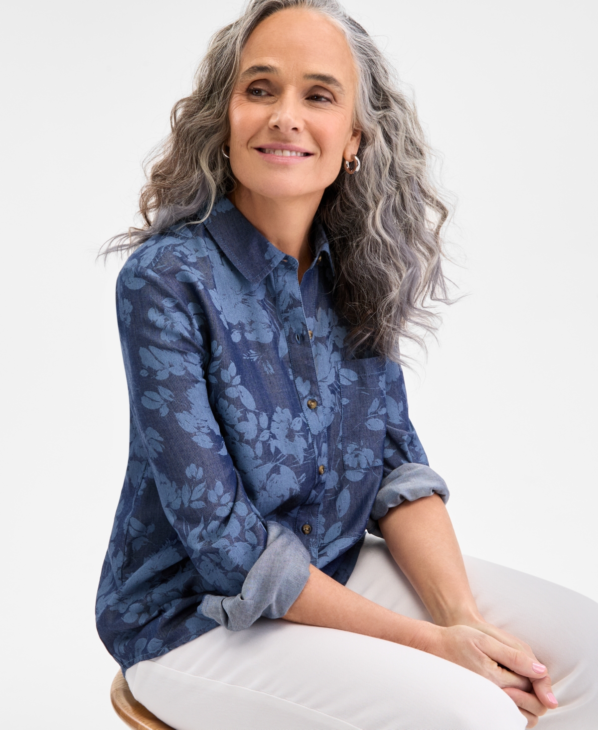 Women's Printed Chambray Perfect Shirt, Exclusively at Macy's - Floral Indigo