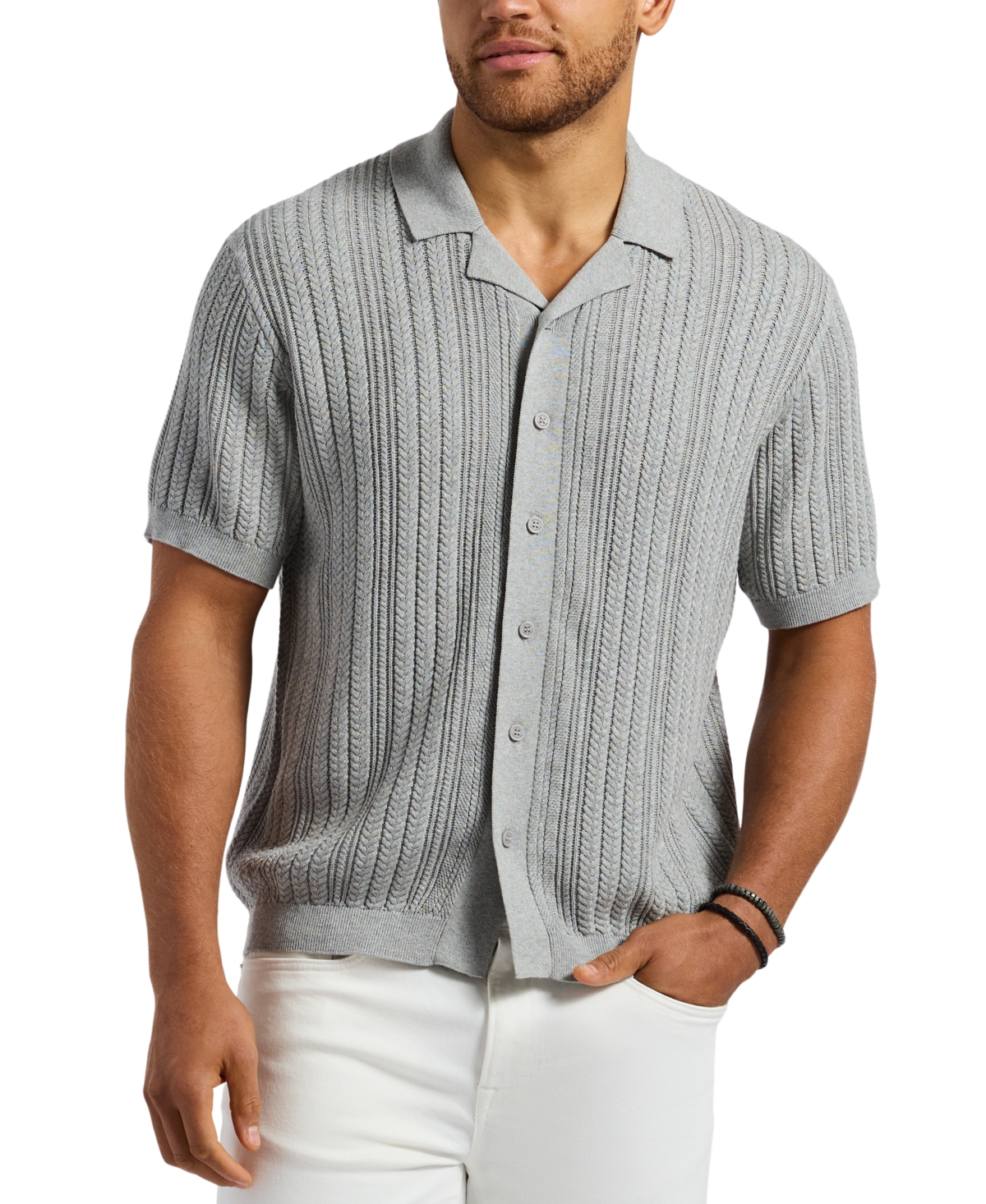 Buffalo David Bitton Men's Wasko Cable-knit Short-sleeve Button-up Polo In Heather Grey