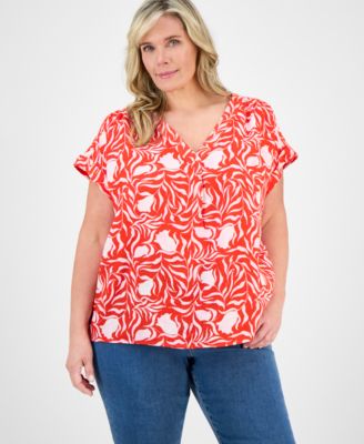 Style & Co - Plus Size Cotton Milo Leaves V-Neck Camp Top