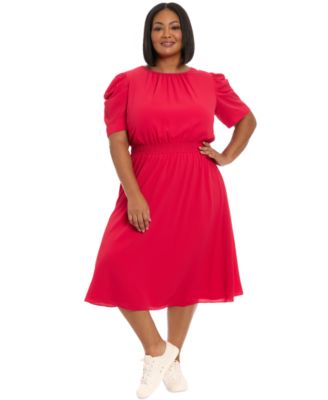 London Times - Plus Size Gathered-Sleeve Smocked-Waist Dress