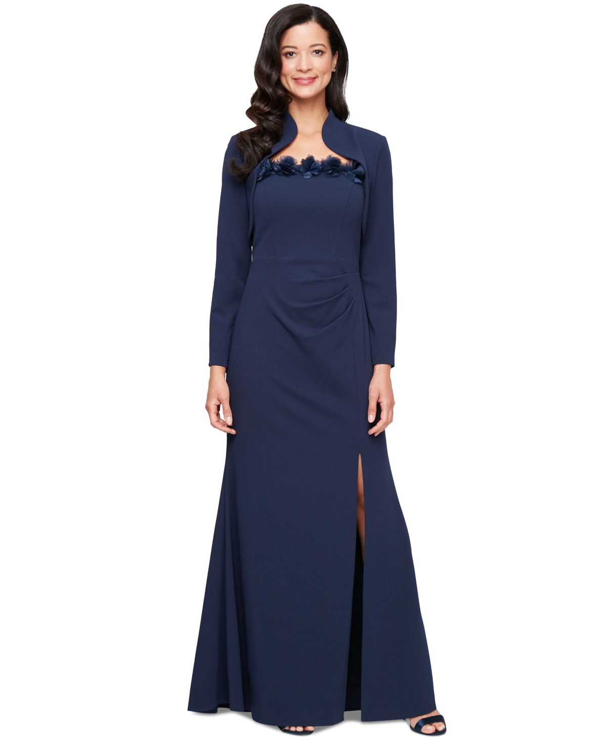 Petite Flower-Trim Sleeveless Gown & Jacket Set - Navy