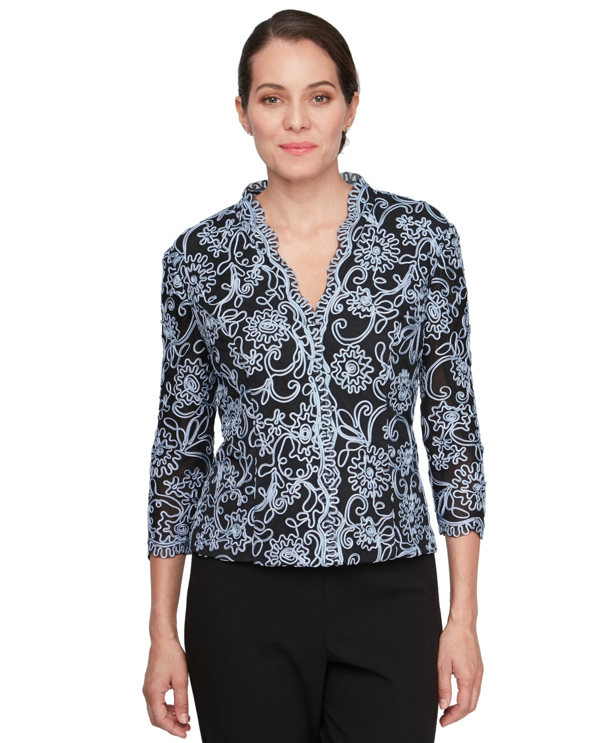 Alex Evenings Women's 3/4-sleeve Embroidered Blouse In Black,hydrangea