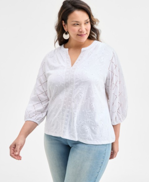 Женские Style & Co Plus Size Split-Neck Eyelet-Embroidered Top