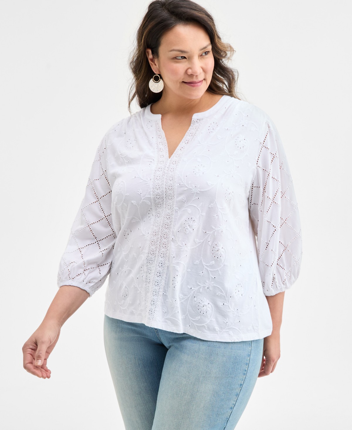 Женские Style & Co Plus Size Split-Neck Eyelet-Embroidered Top — фото 1