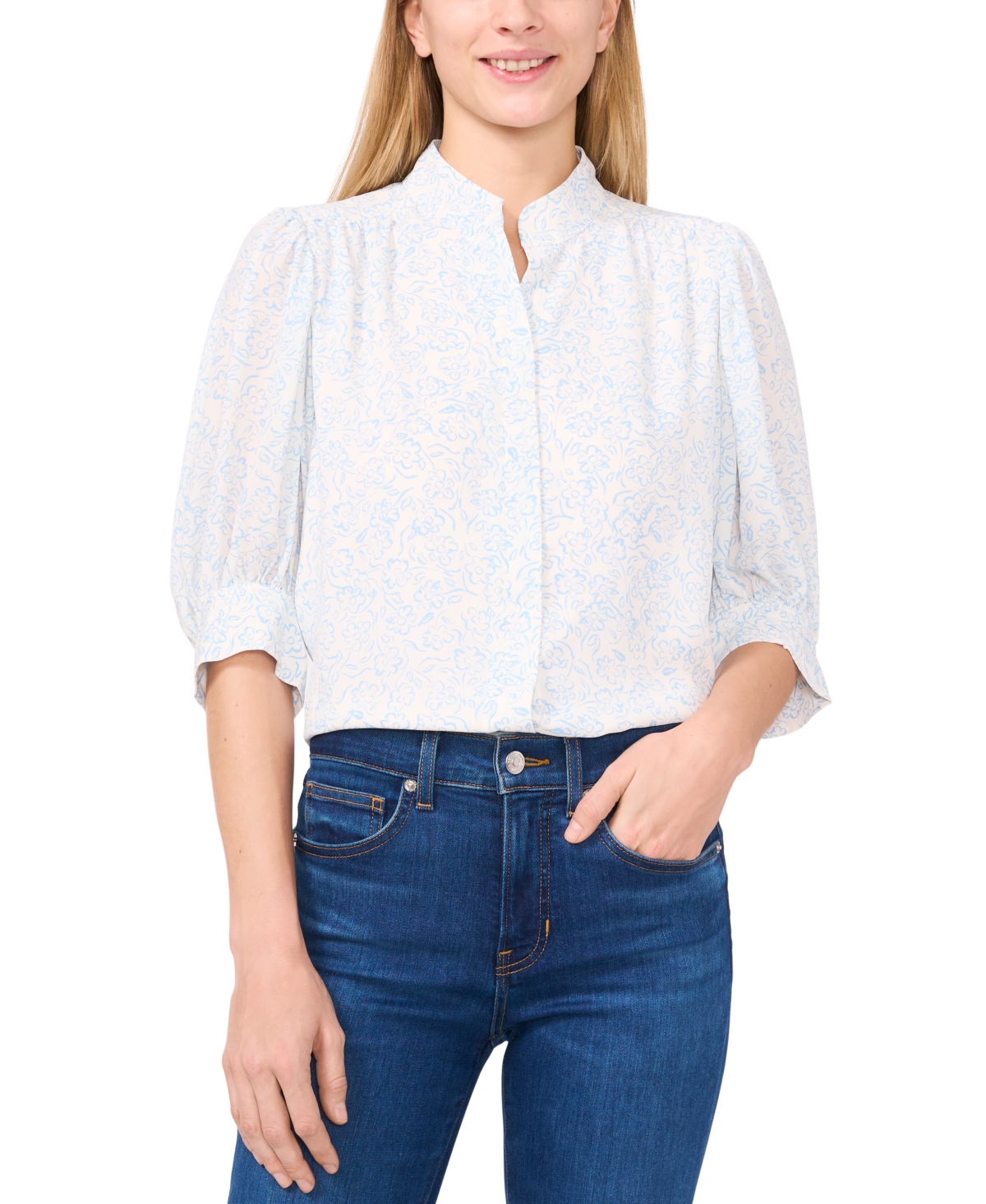 Women's Printed Open-Collar Elbow-Sleeve Top - New Ivory