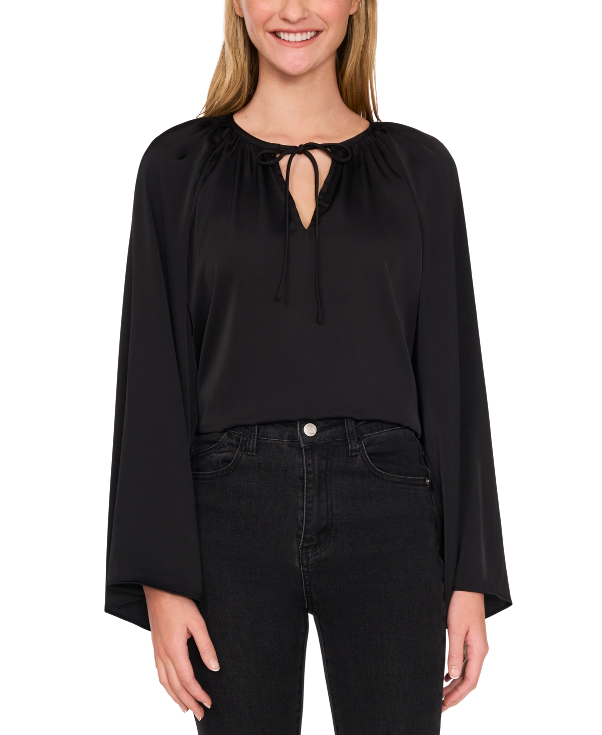 Women's Raglan-Sleeve Tie Round-Neck Top - Rich Black