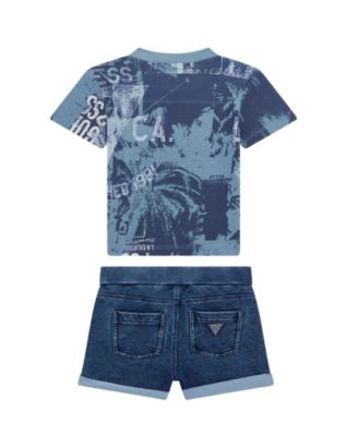 Baby Boy 2-Piece All-Over Print Short Sleeve T-Shirt and Knit Denim Short