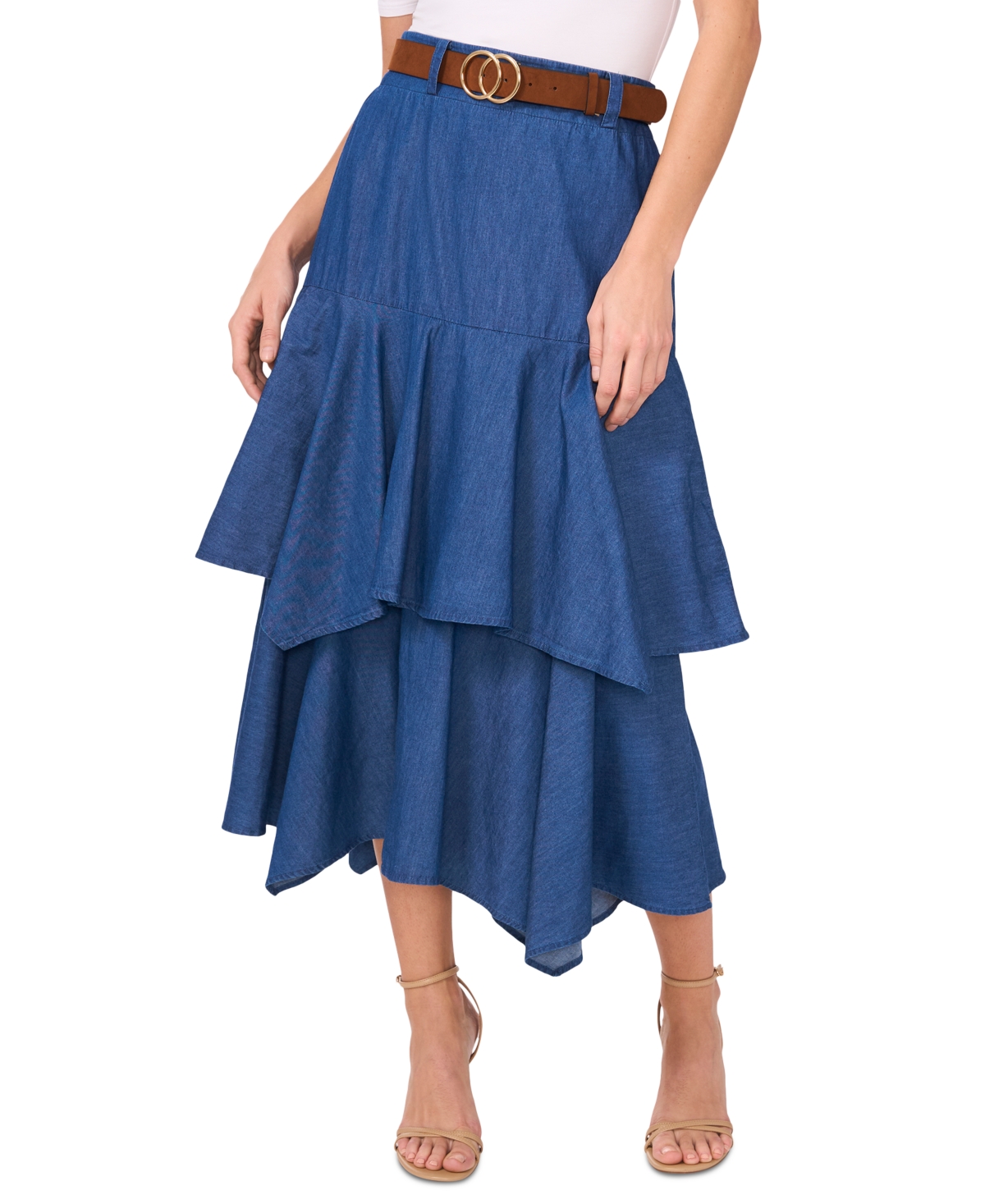 Women's Cotton Tiered Denim Midi Skirt - Mid Indigo