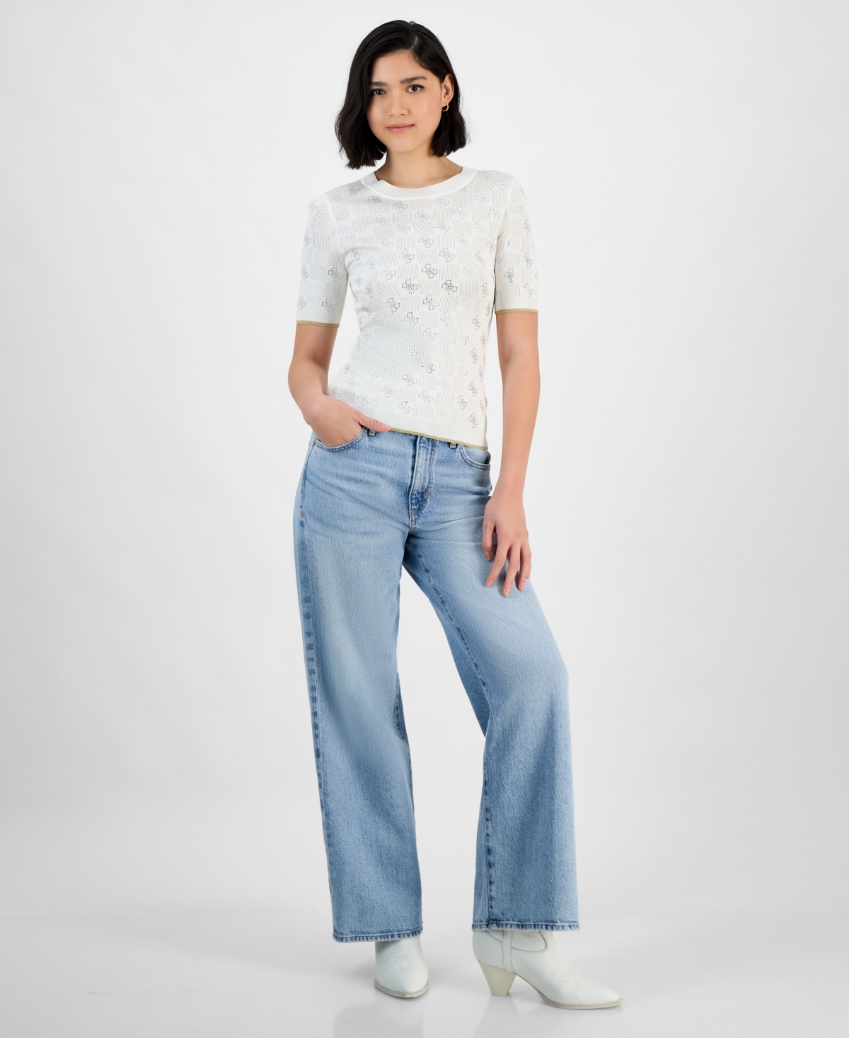GUESS WOMEN'S ROSIE FOUR-G RHINESTONE SHORT-SLEEVE SWEATER 