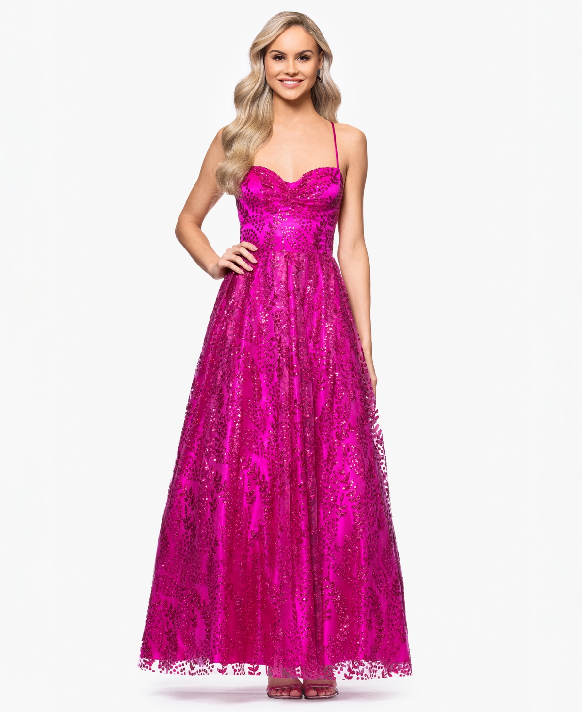Juniors' Glitter Draped-Neck Gown - Hot Pink