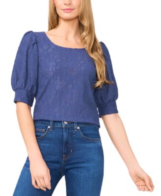 CeCe - Women's Round-Neck Shirred Short-Sleeve Top