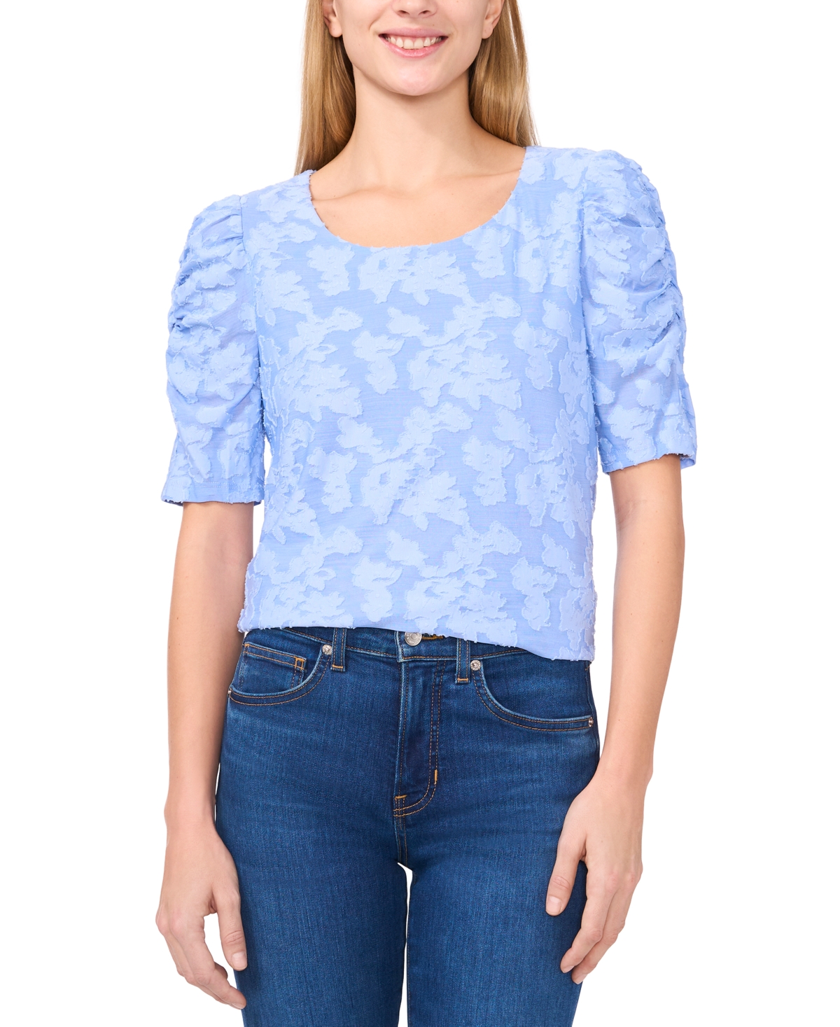 Shop Cece Women's Round-neck Ruched Elbow-sleeve Top In Vista Blue