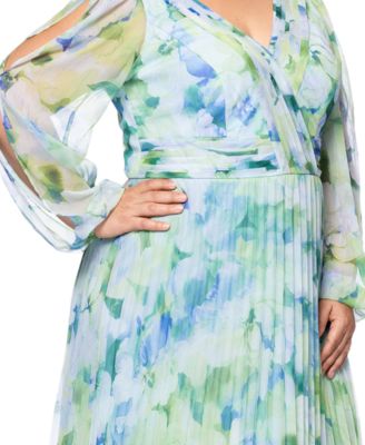 Plus Size Printed Pleated Long-Sleeve Gown