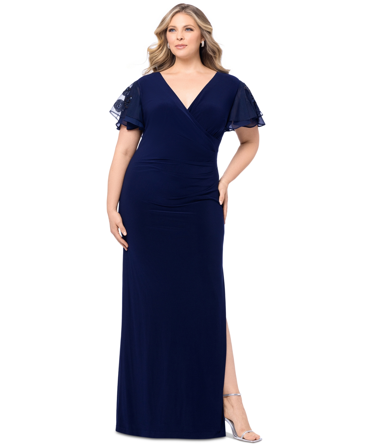 BETSY & ADAM PLUS SIZE FLUTTER-SLEEVE SURPLICE-NECK GOWN 