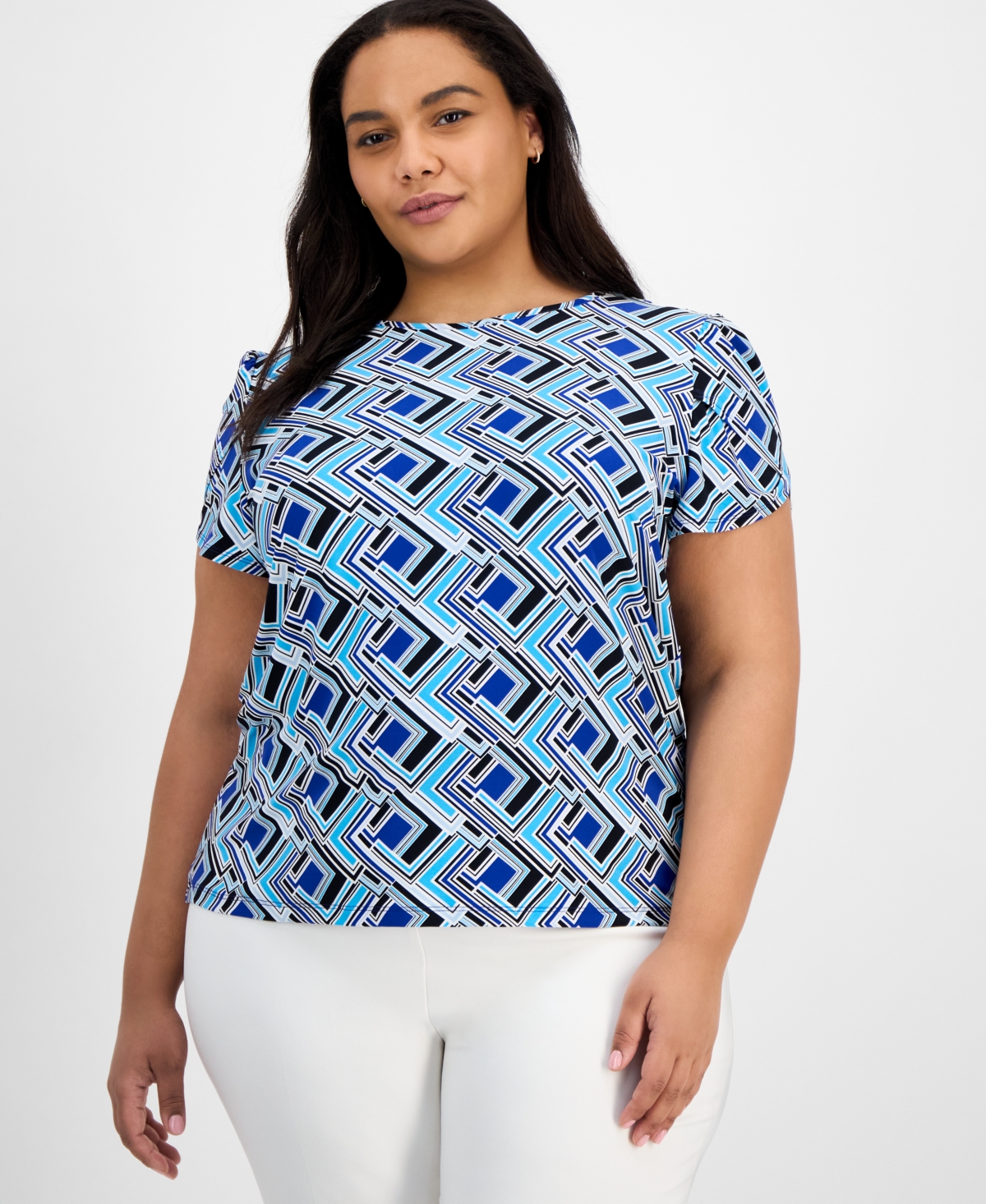 AK ANNE KLEIN PLUS SIZE PRINTED TULIP-SLEEVE BLOUSE 
