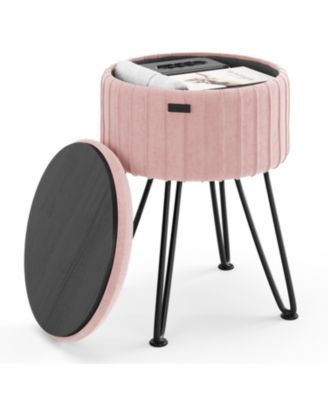 Pleated Velvet Round Ottoman with Storage – Modern Foot Stool, Makeup Vanity Stool, Small Ottoman Foot Rest
