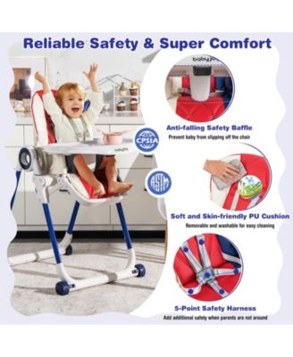 Boys High Chair Foldable Feeding Chair with 4 Lockable Wheels