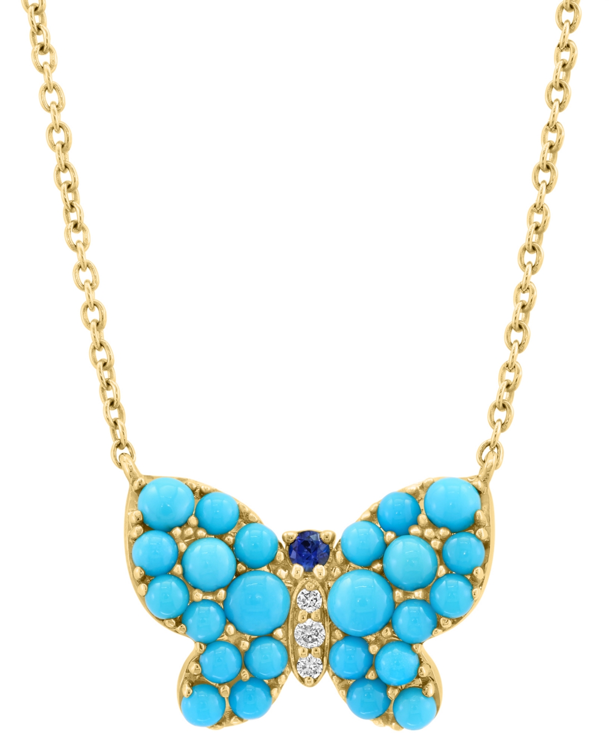 EFFY COLLECTION EFFY TURQUOISE, SAPPHIRE ACCENT, & DIAMOND ACCENT BUTTERFLY PENDANT NECKLACE IN 14K GOLD, 17" + 1" E 