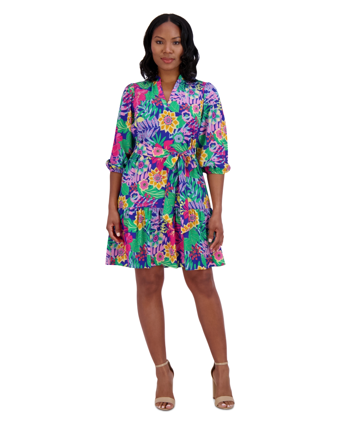 Petite Floral-Print Balloon-Sleeve Tiered Dress - Cobalt Multi