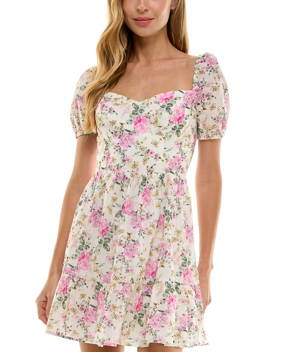 Juniors' Floral-Print Eyelet Dress - Pink