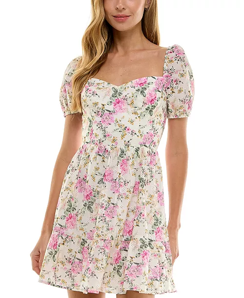 juniors' floral-print eyelet dress