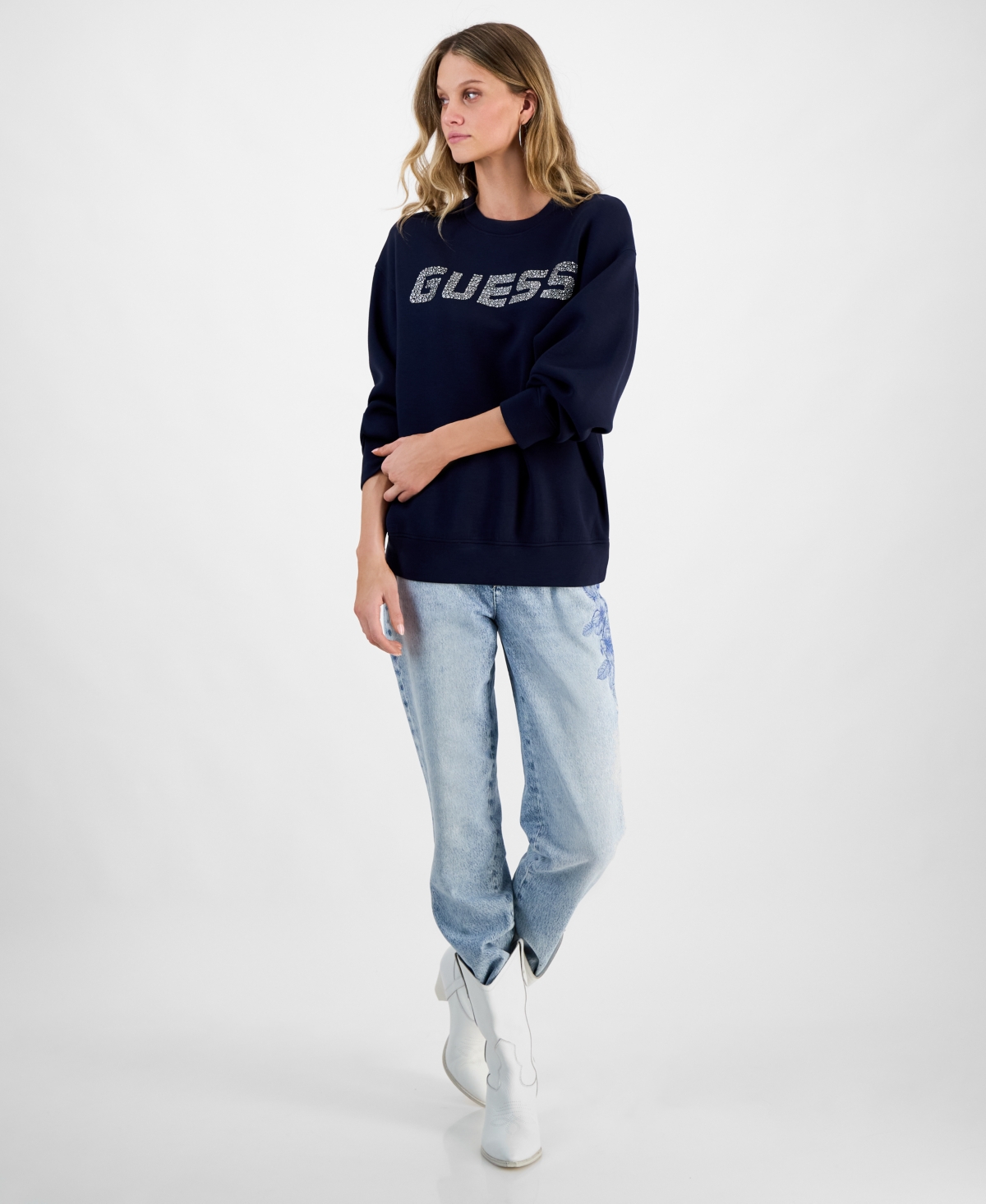 GUESS WOMEN'S CECILIA RHINESTONE LOGO SWEATSHIRT 