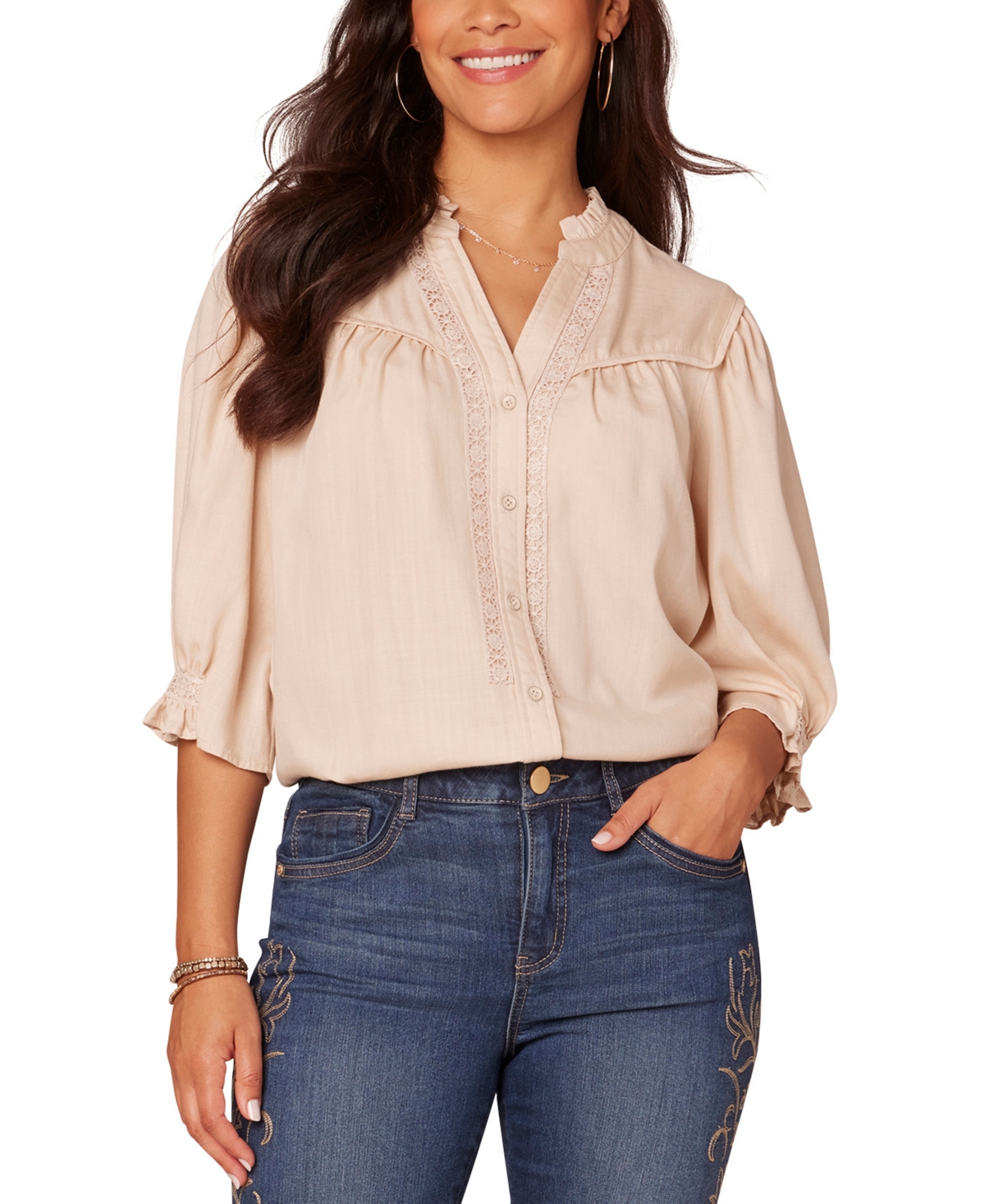 Women's Crochet Trim Button-Front Ruffle Shirt - Macadamia
