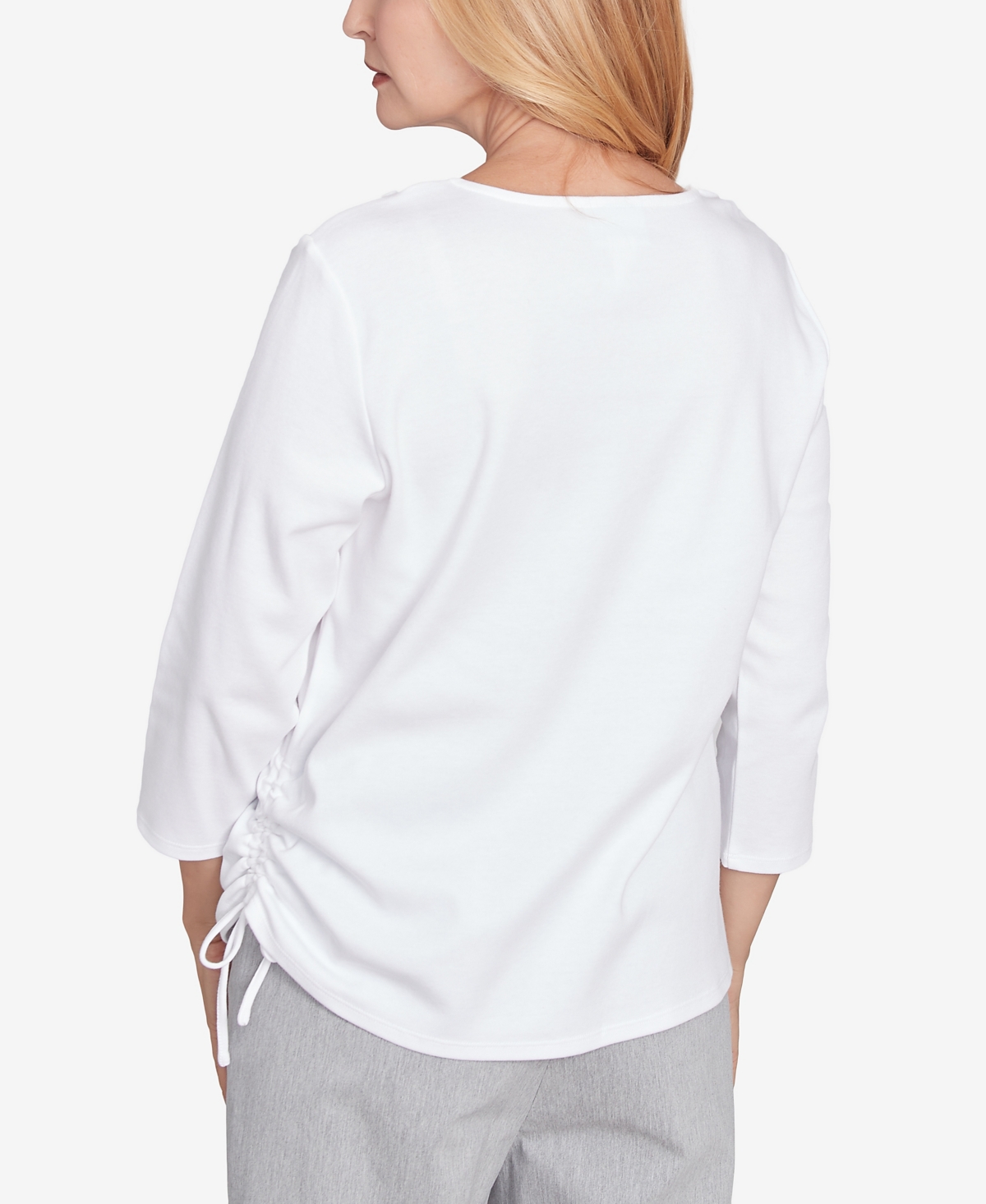 Alfred Dunner Petite Dress Code Linear Knit Floral Embroidered Crew Neck Top In White