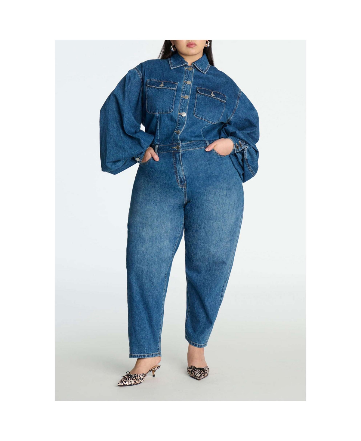 Women's Barrel Leg Denim Jumpsuit - Light blue wash