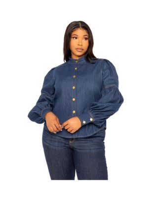Women's Plus Size Bow Neck Puff Sleeve Denim Blouse