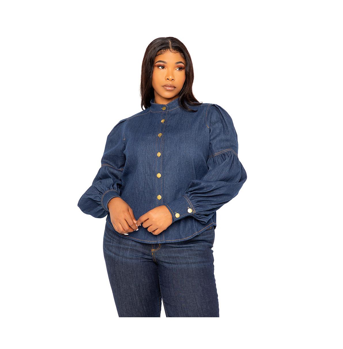 Shop Buxom Couture Women's Plus Size Bow Neck Puff Sleeve Denim Blouse In Denim Blue