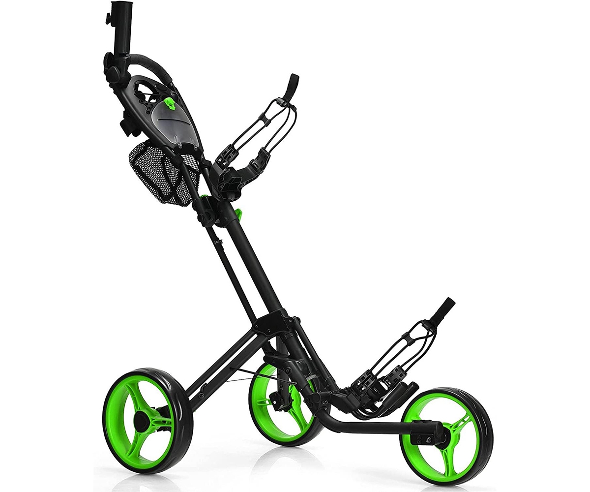 Folding 3 Wheels Golf Push Cart with Brake Scoreboard Adjustable Handle - Green
