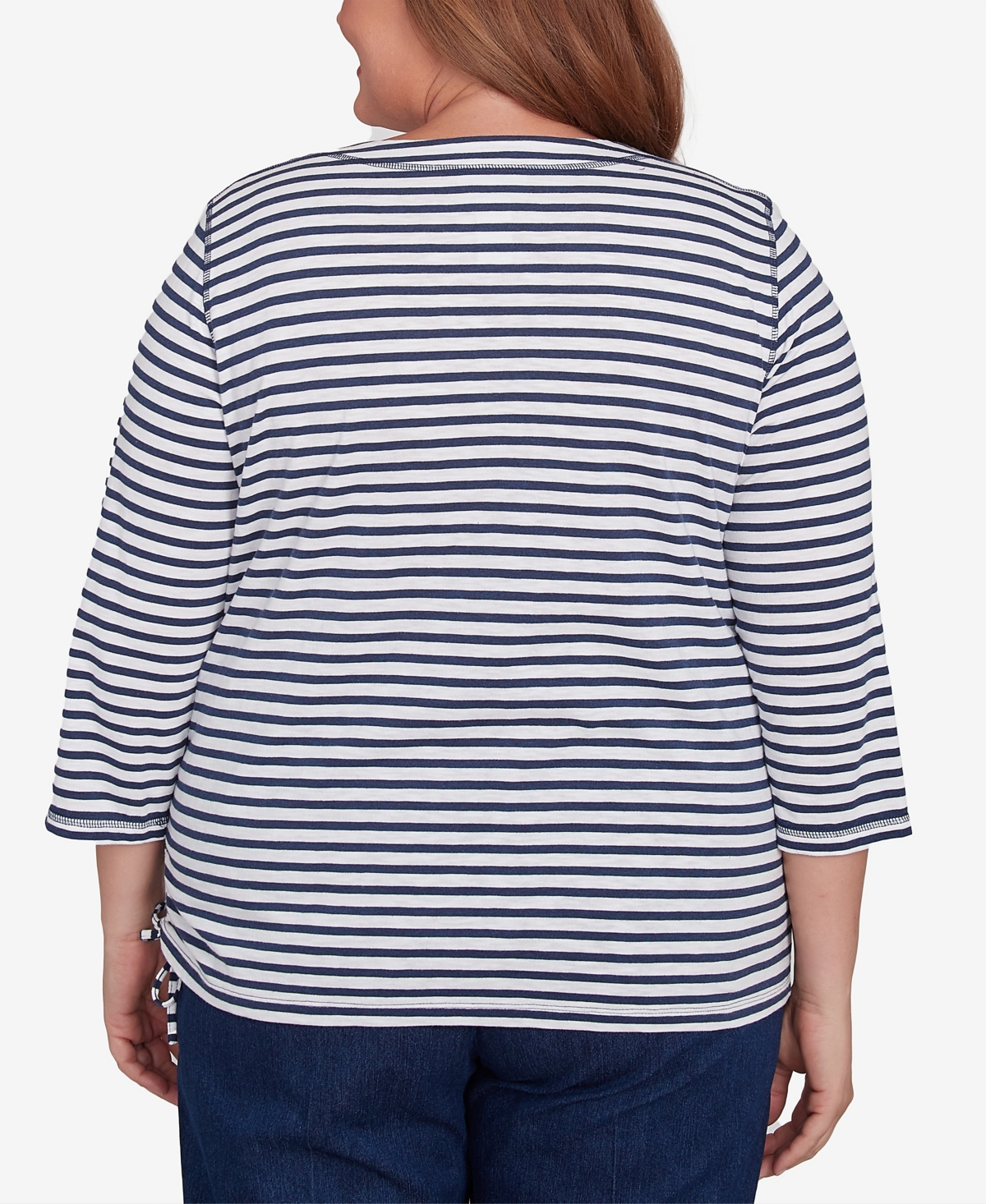 Alfred Dunner Plus Size Free Spirit Striped Butterfly Embroidered Top In Navy Multi