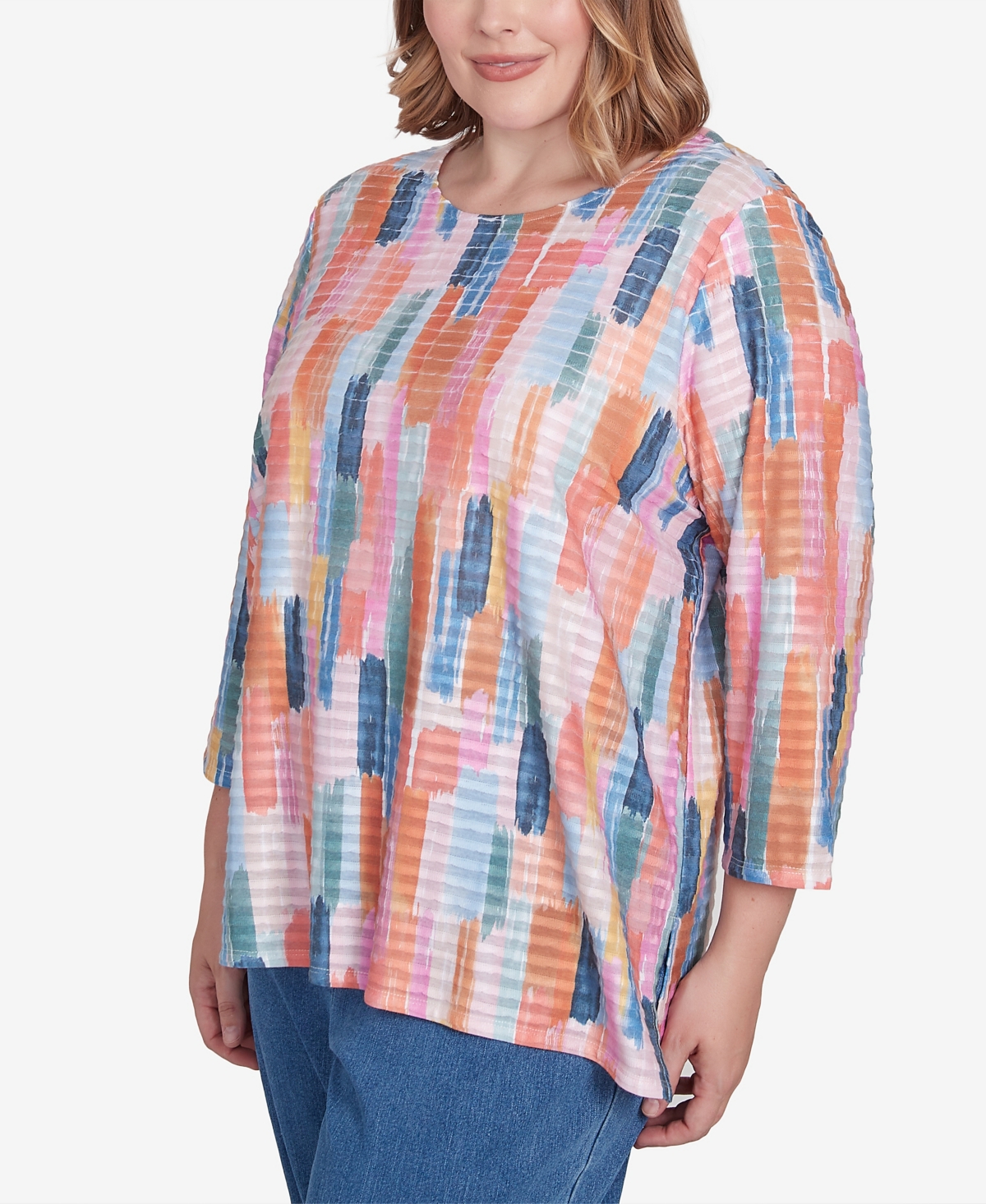 Alfred Dunner Plus Size Free Spirit Mini Ruffle Brushstroke Crew Neck Top In Multi