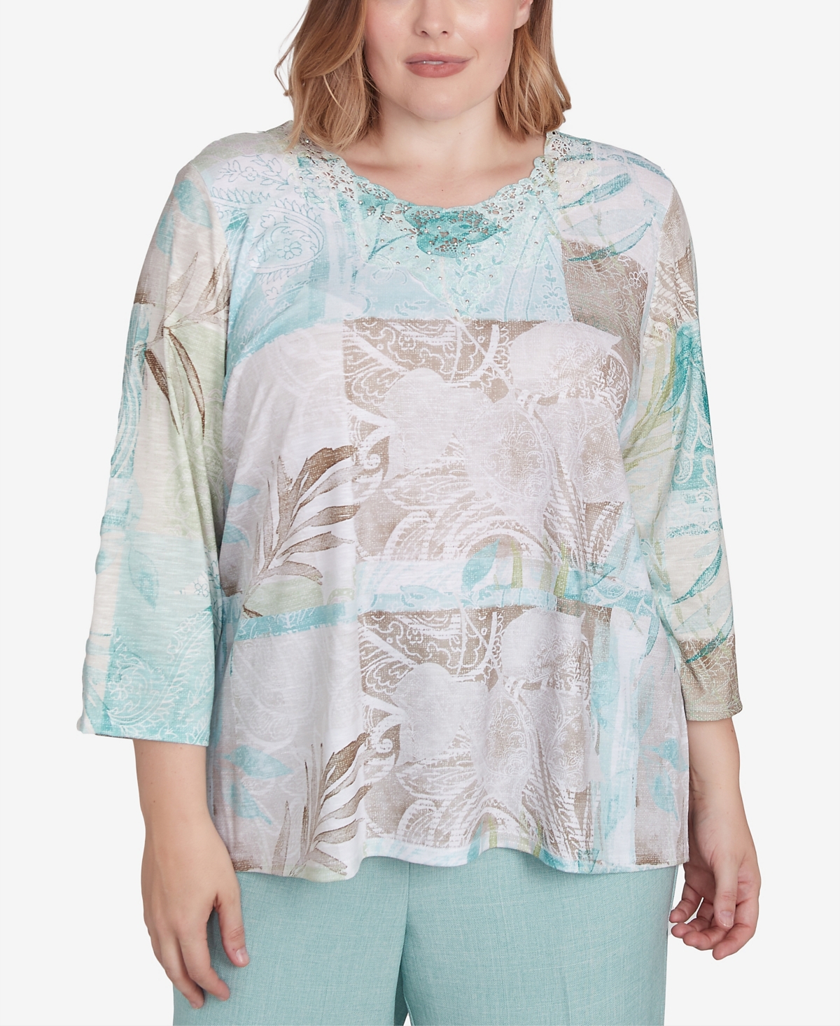 Alfred Dunner Plus Size Kensington Gardens Patchwork Leaves Textured Top In Neutral Multi