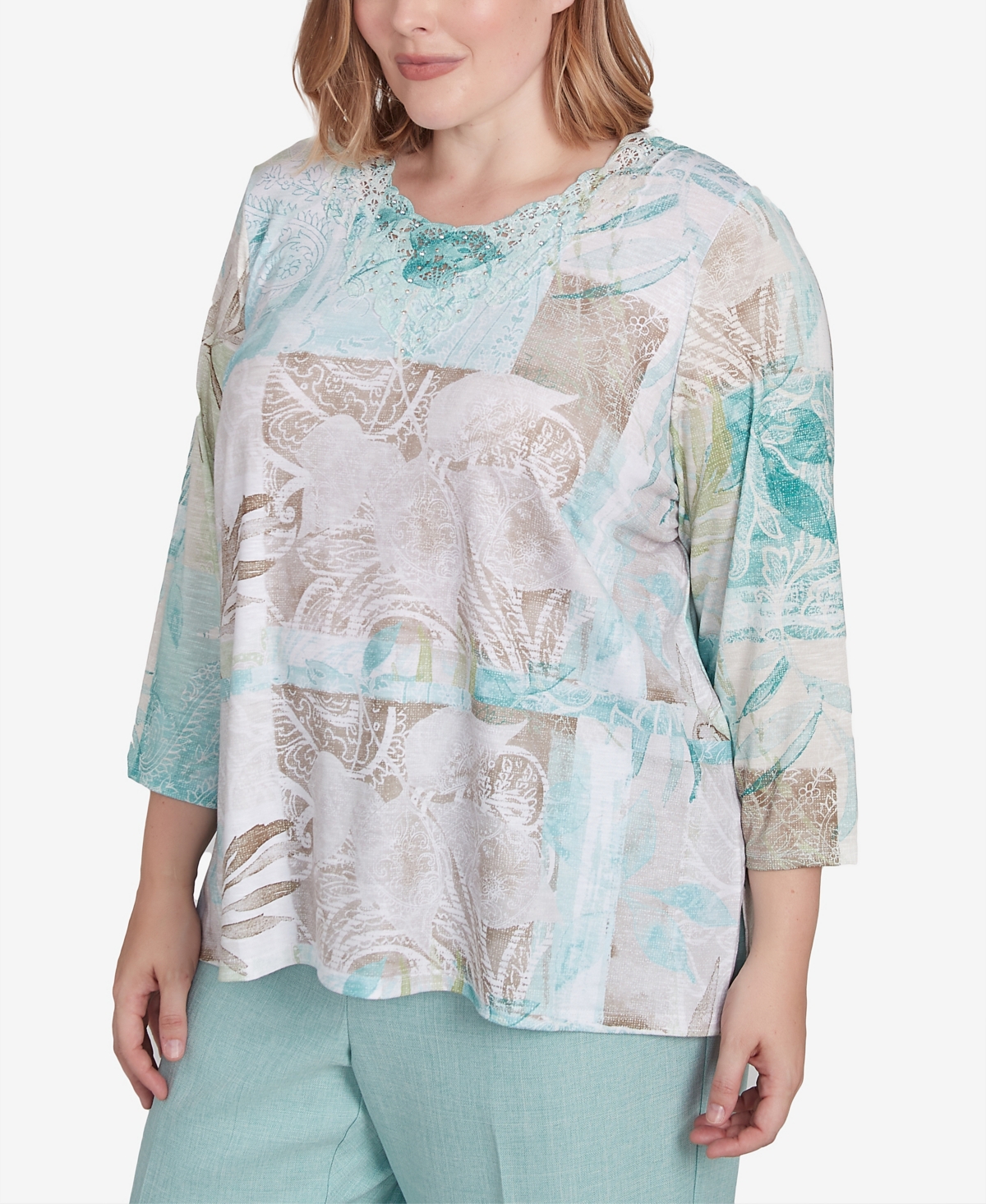 Alfred Dunner Plus Size Kensington Gardens Patchwork Leaves Textured Top In Neutral Multi