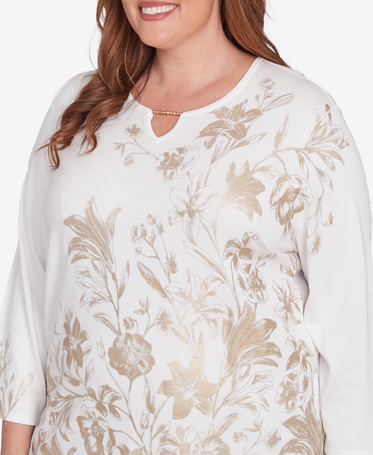 Alfred Dunner Plus Size Kensington Gardens Split Neck Botanical Gold Foil Print Sweater In Neutral Multi