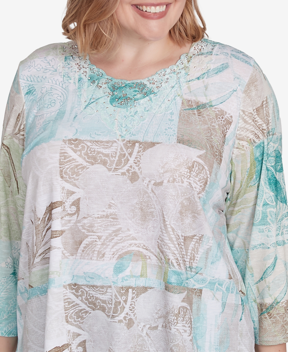Alfred Dunner Plus Size Kensington Gardens Patchwork Leaves Textured Top In Neutral Multi