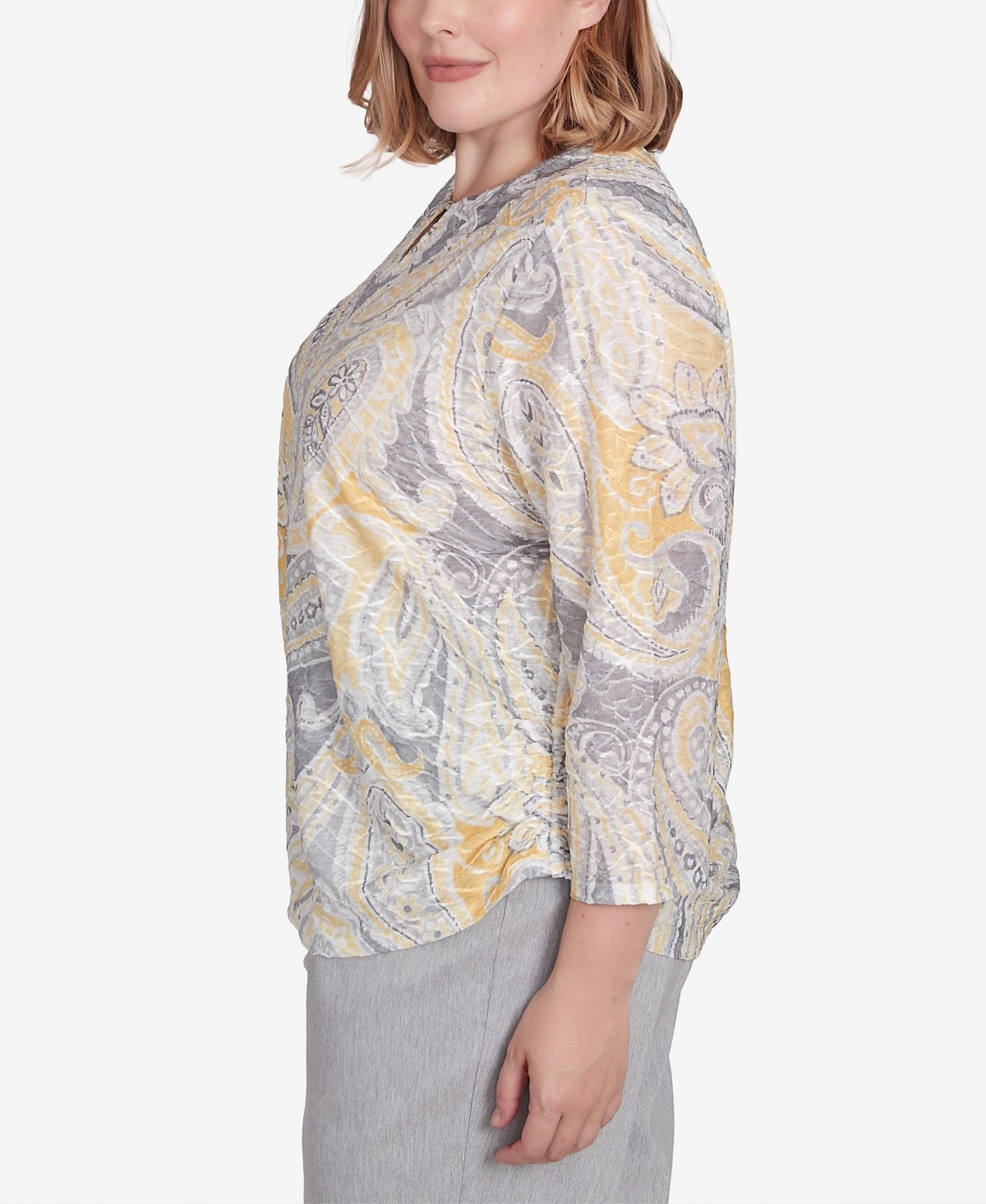 Alfred Dunner Plus Size Dress Code Textured Paisley Beaded Neck Top In Grey Multi