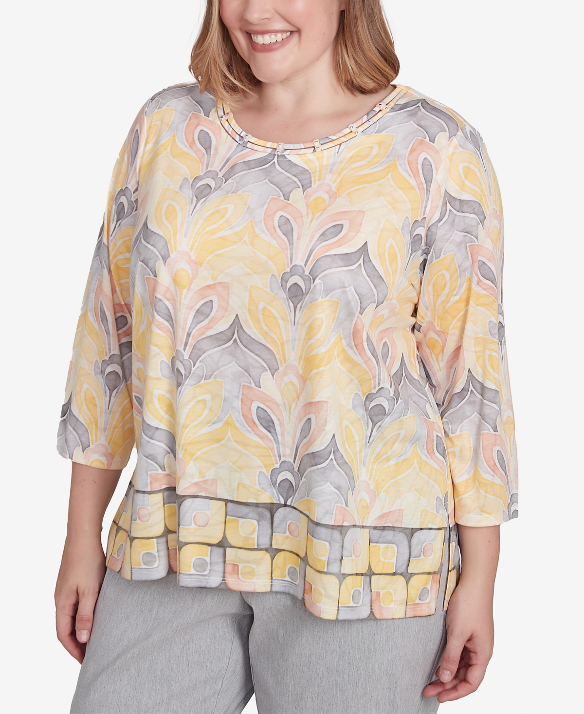 Alfred Dunner Plus Size Dress Code Geometric Medallion Crewneck Top In Multi Yellow
