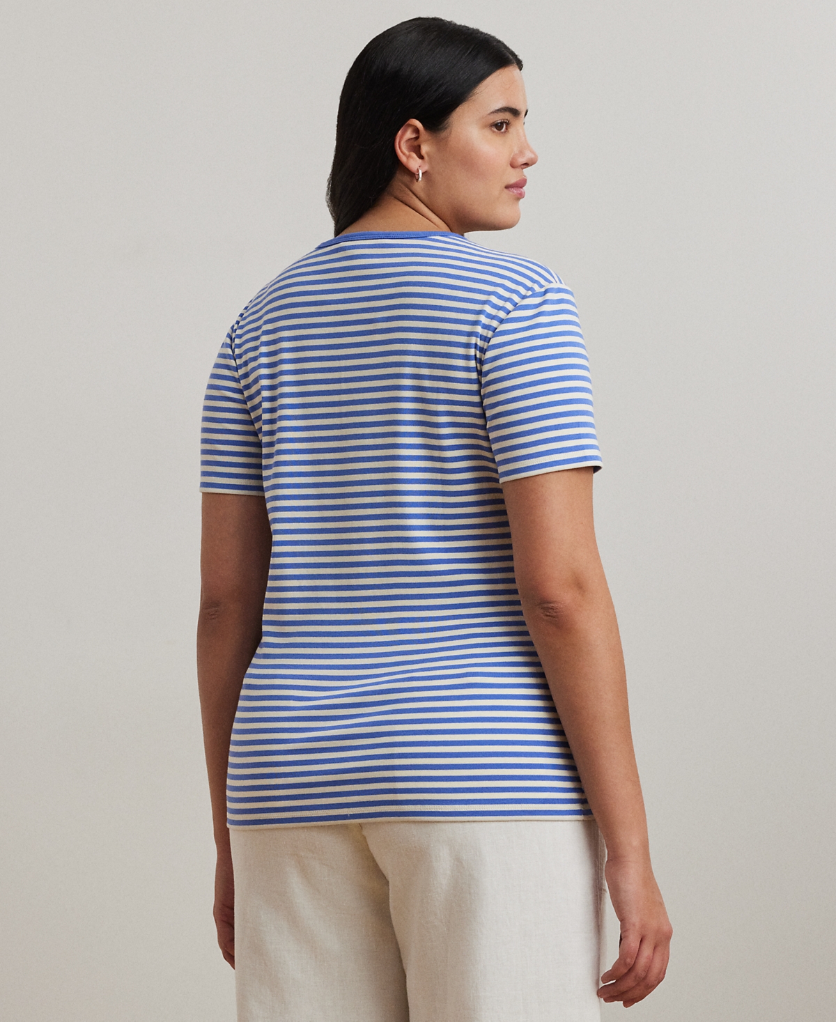 Shop Ralph Lauren Plus Size Striped Stretch Cotton Crewneck Tee In Soft Lazuli Mascarpone Cream