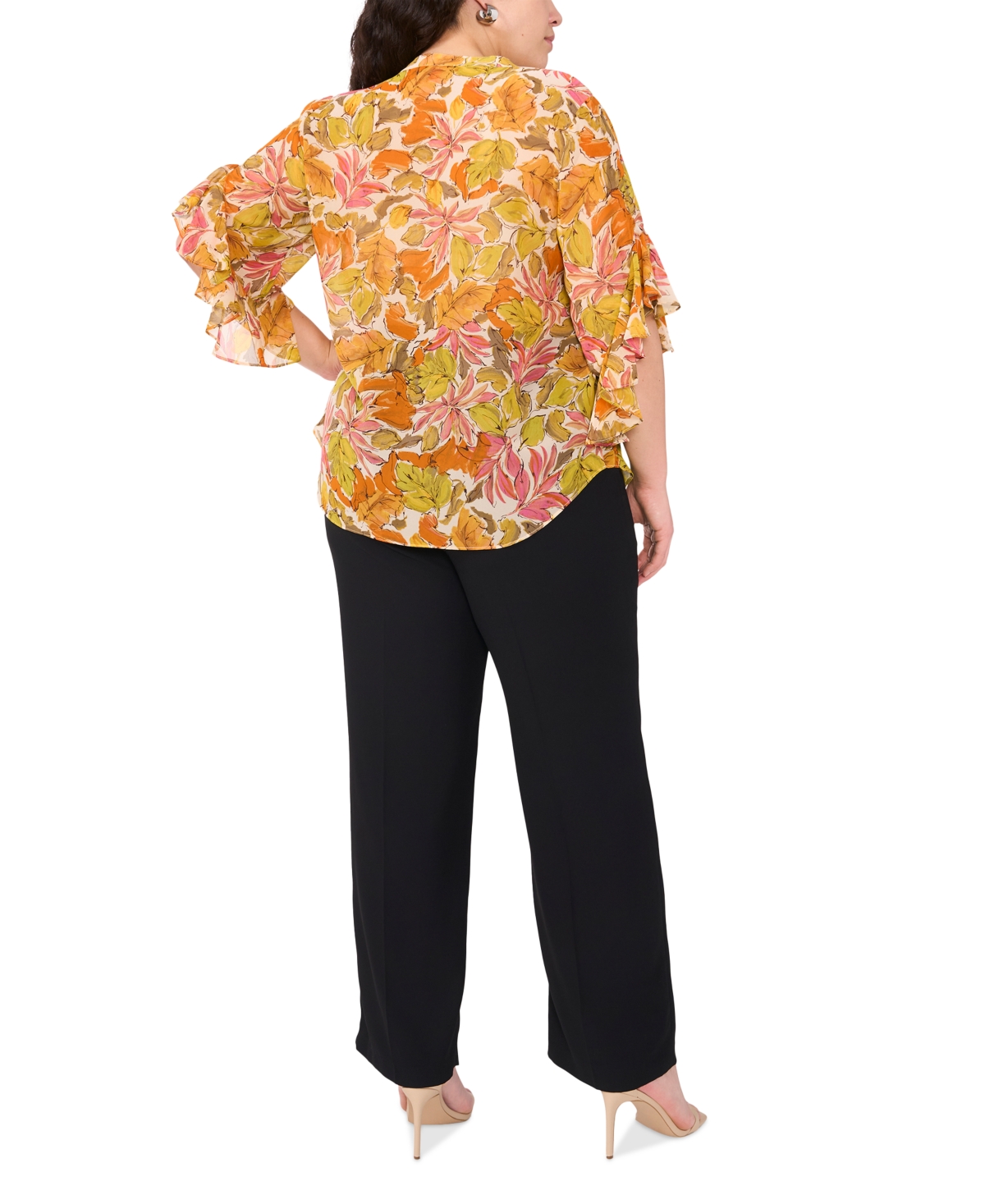VINCE CAMUTO PLUS SIZE FLORAL-PRINT RUFFLED-SLEEVE SPLIT-NECK BLOUSE 