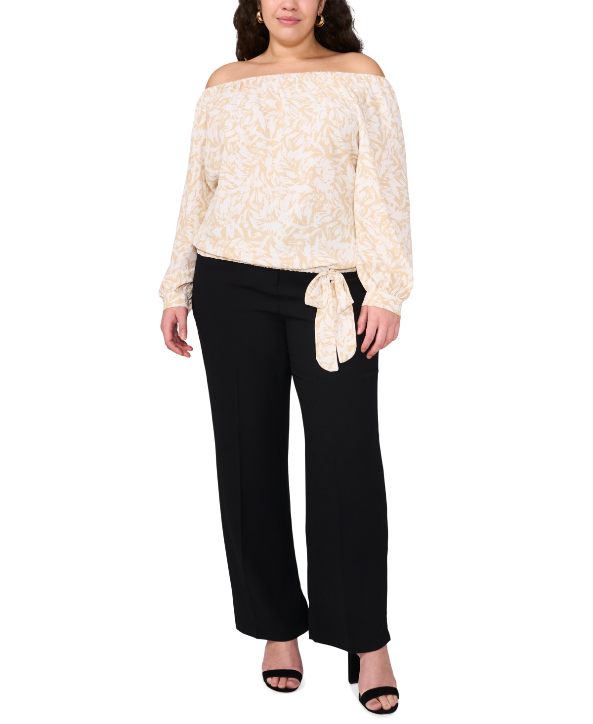 VINCE CAMUTO PLUS SIZE PRINTED OFF-THE-SHOULDER LONG-SLEEVE TIE-FRONT BLOUSE 