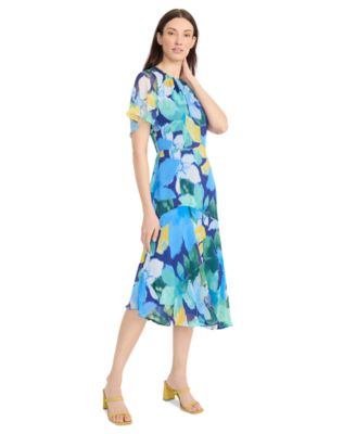 Women's Flutter-Sleeve Floral-Print Asymmetrical Dress