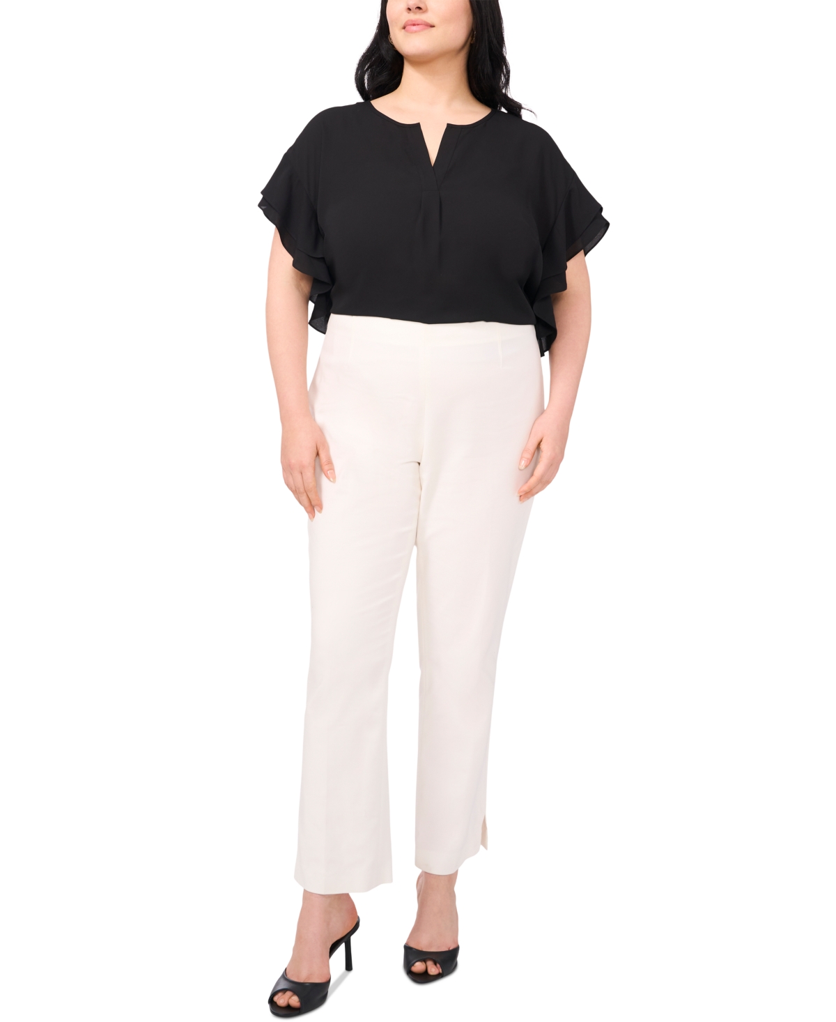 Vince Camuto Plus Size Flutter-sleeve Split-neck Top In Rich Black