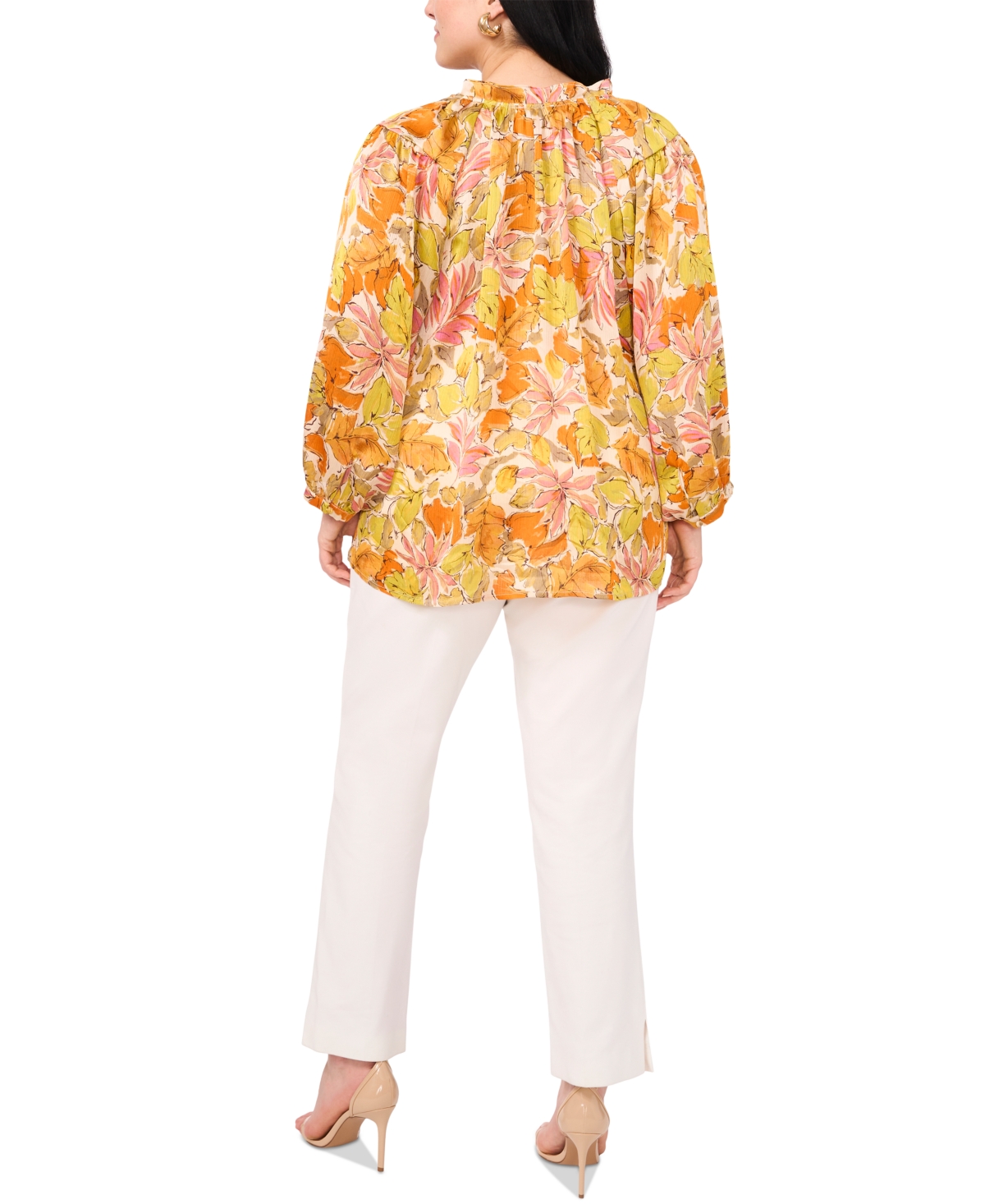 Shop Vince Camuto Plus Size Floral-print Ruffled Tie-neck Blouse In Crushed Orange