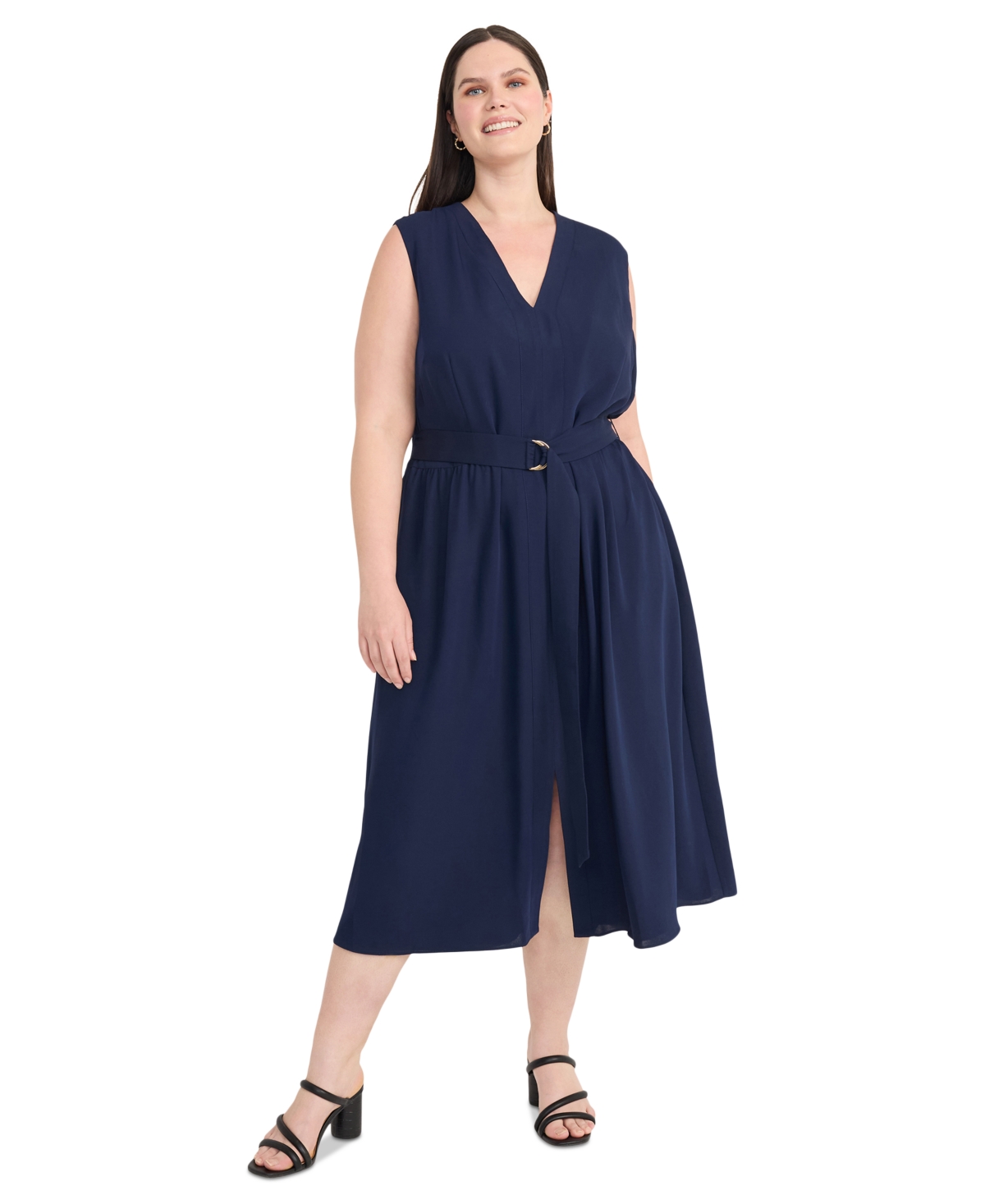 Plus Size Belted Sleeveless Fit & Flare Dress - Navy